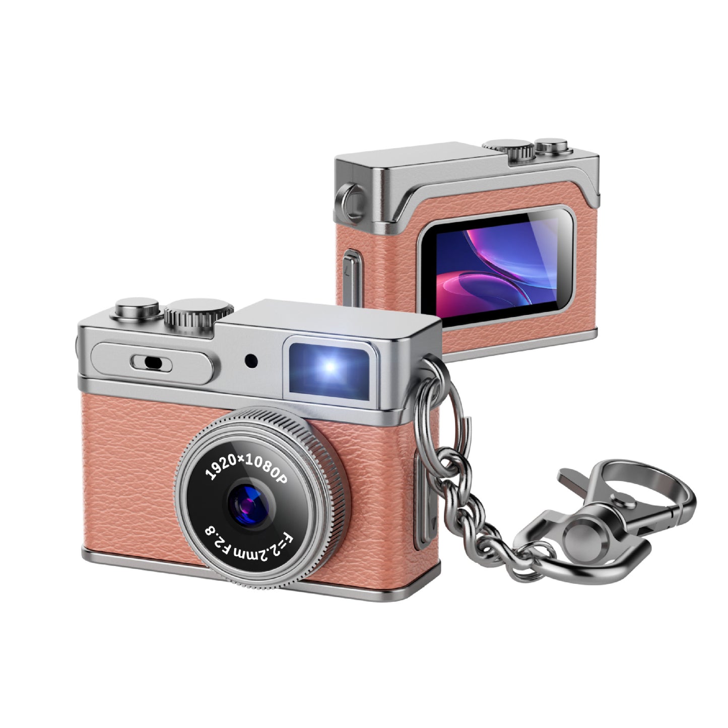 Retro mini digital camera keychain in pink with pocket-size design and screen