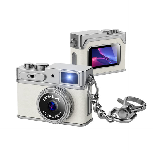 Retro mini digital camera keychain in white with compact pocket camera design