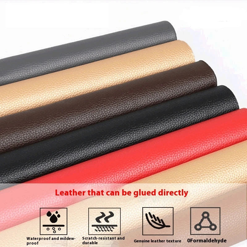 Rolls of leather repair sticky patches in various colors with text and icons indicating properties.
