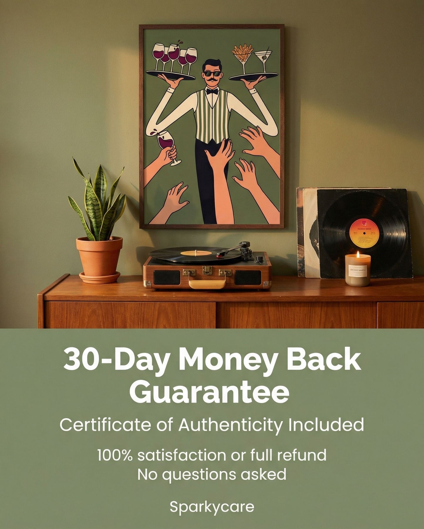 Room interior with a framed artwork, record player, and vinyl record on a wooden shelf.
