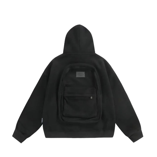 Black hoodie with a backpack design on a white background