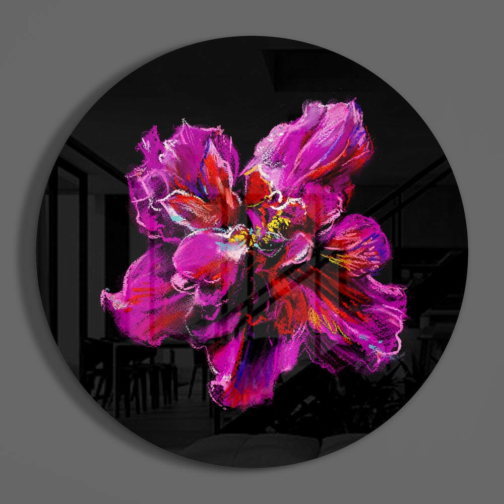Magenta flower bloom round glass wall art on a plain gray wall, glossy glass disc seen from the front