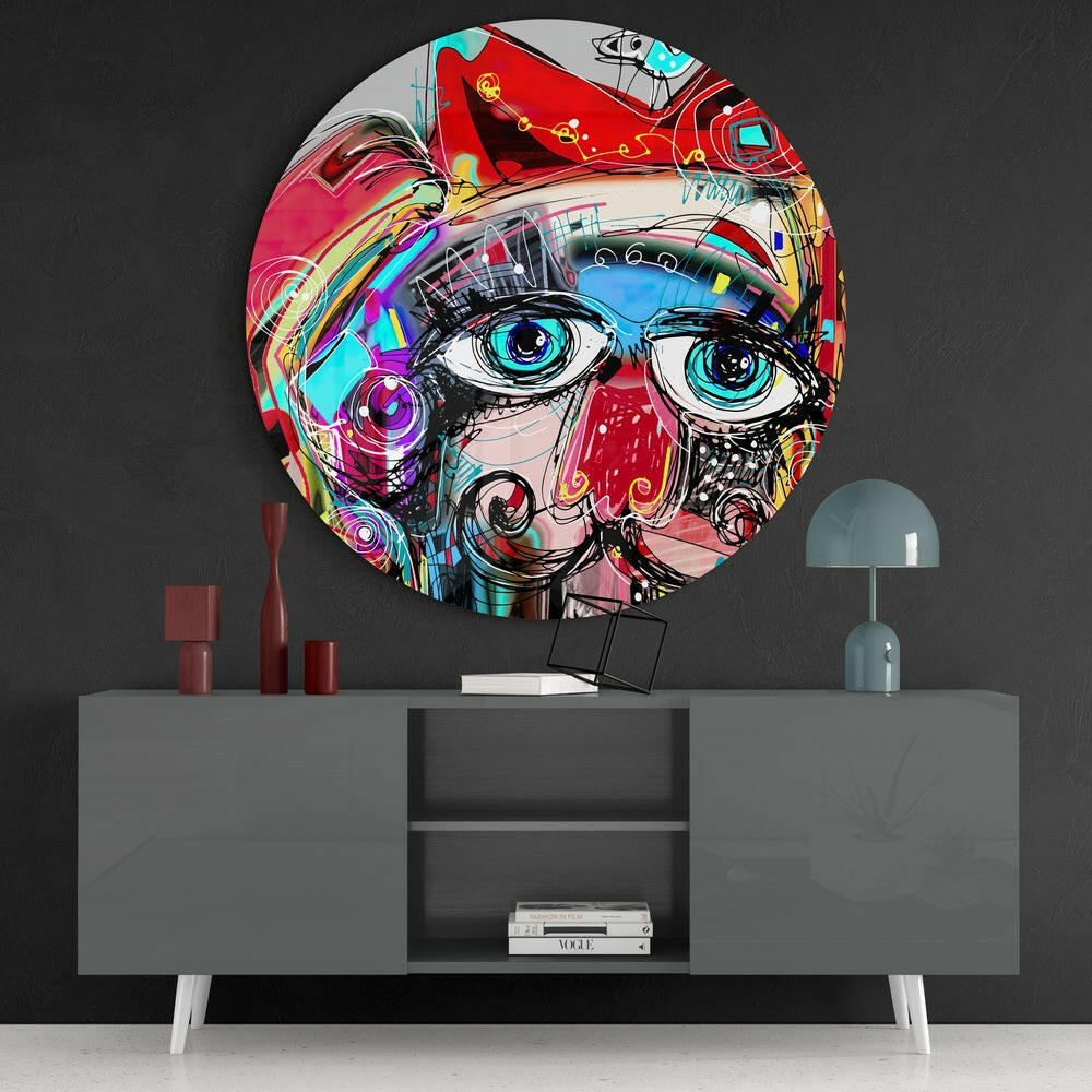 Graffiti Face Big Blue Eyes Glass Wall Art