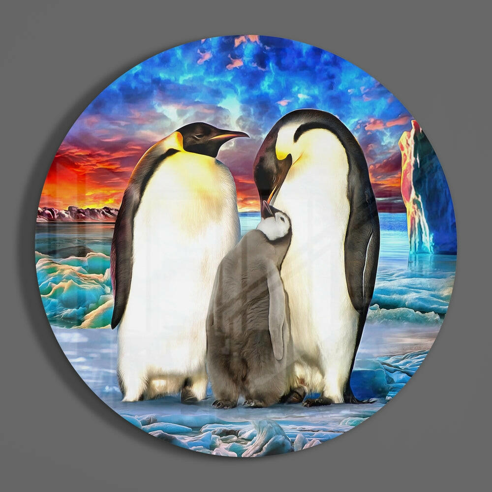 Penguin family on ice round glass piece shown on a plain gray wall