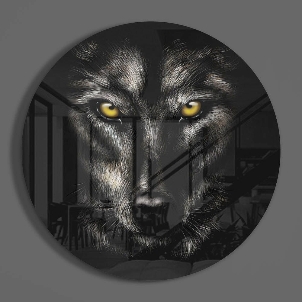 Yellow eyed wolf round glass wall art hanging on a plain gray wall
