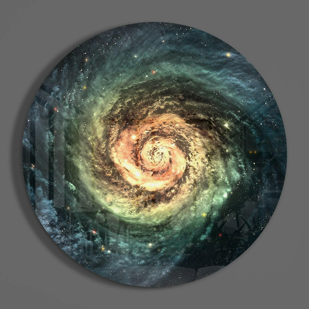 Teal spiral galaxy round glass wall art on a plain gray wall