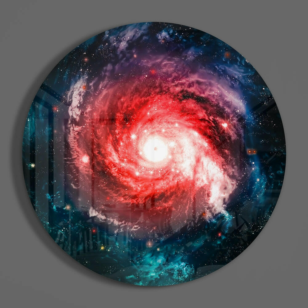 Red spiral galaxy circle of glass on a plain gray wall