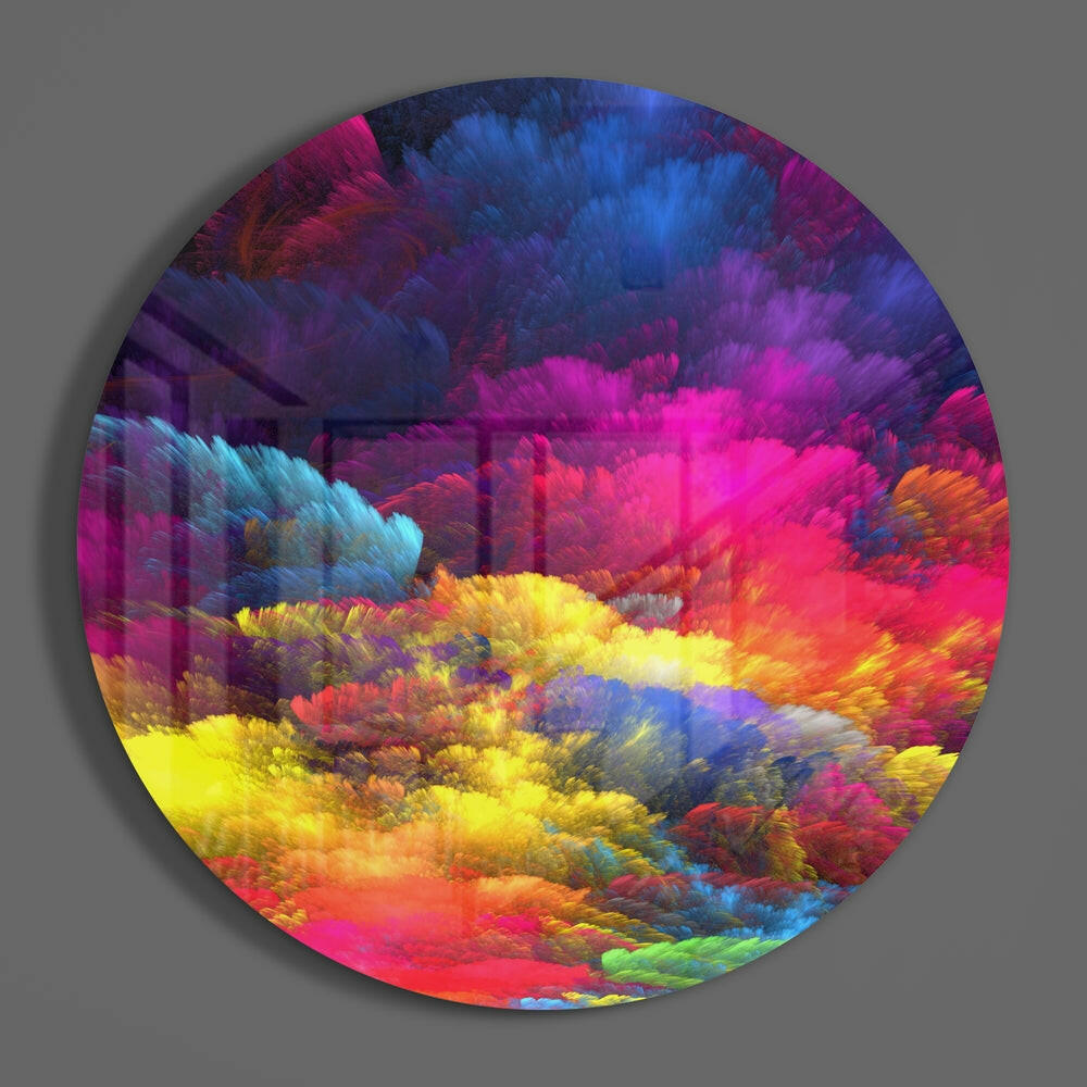 Rainbow cloud circle of glass on a plain gray wall