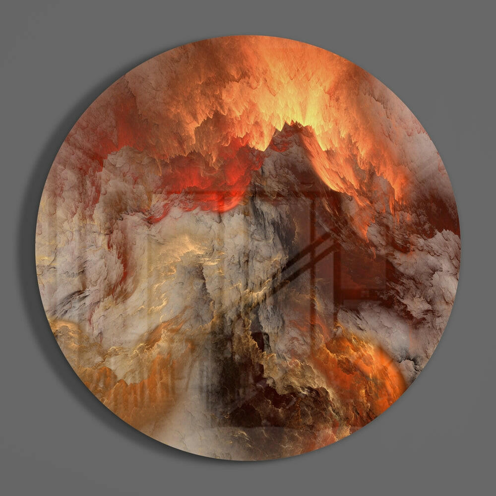 Fiery orange lava abstract round glass wall art on a plain gray wall, glossy glass disc seen from the front