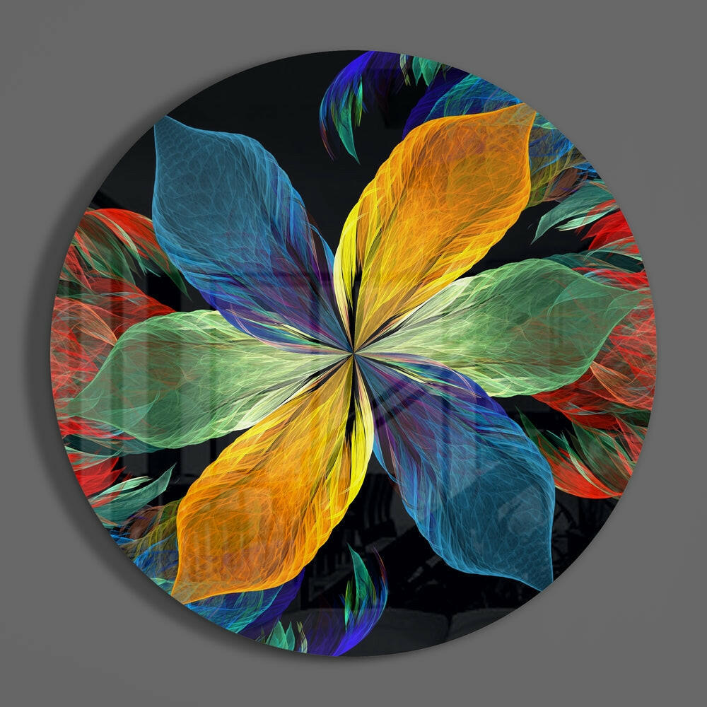 Rainbow petal flower on black round glass wall art hanging on a plain gray wall