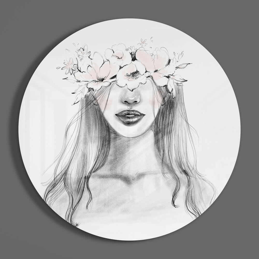 Floral crown sketch round glass wall art hanging on a plain gray wall