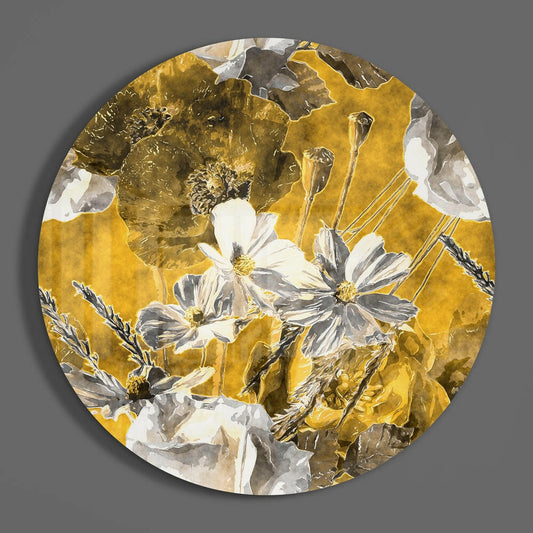 Mustard gold poppy field round glass wall art on a plain gray wall, glossy glass disc seen from the front