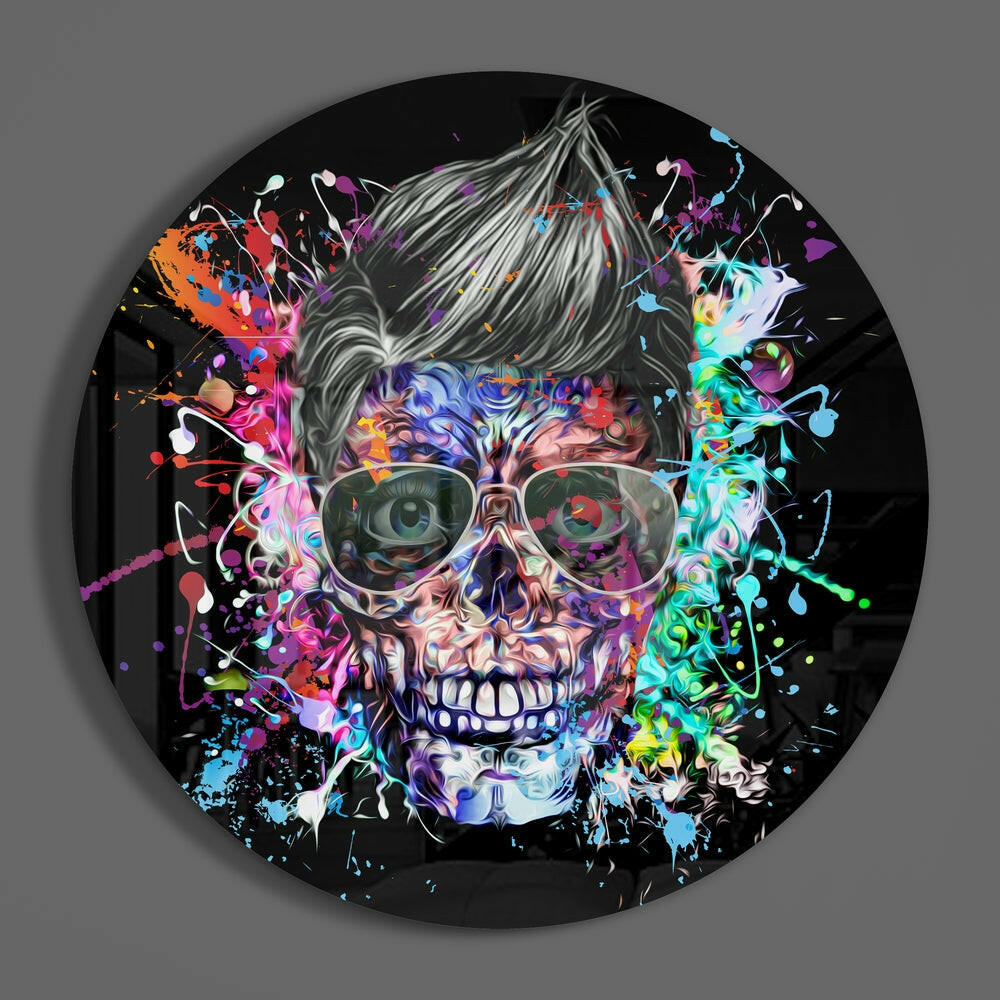 Pompadour skull round glass wall art hanging on a plain gray wall