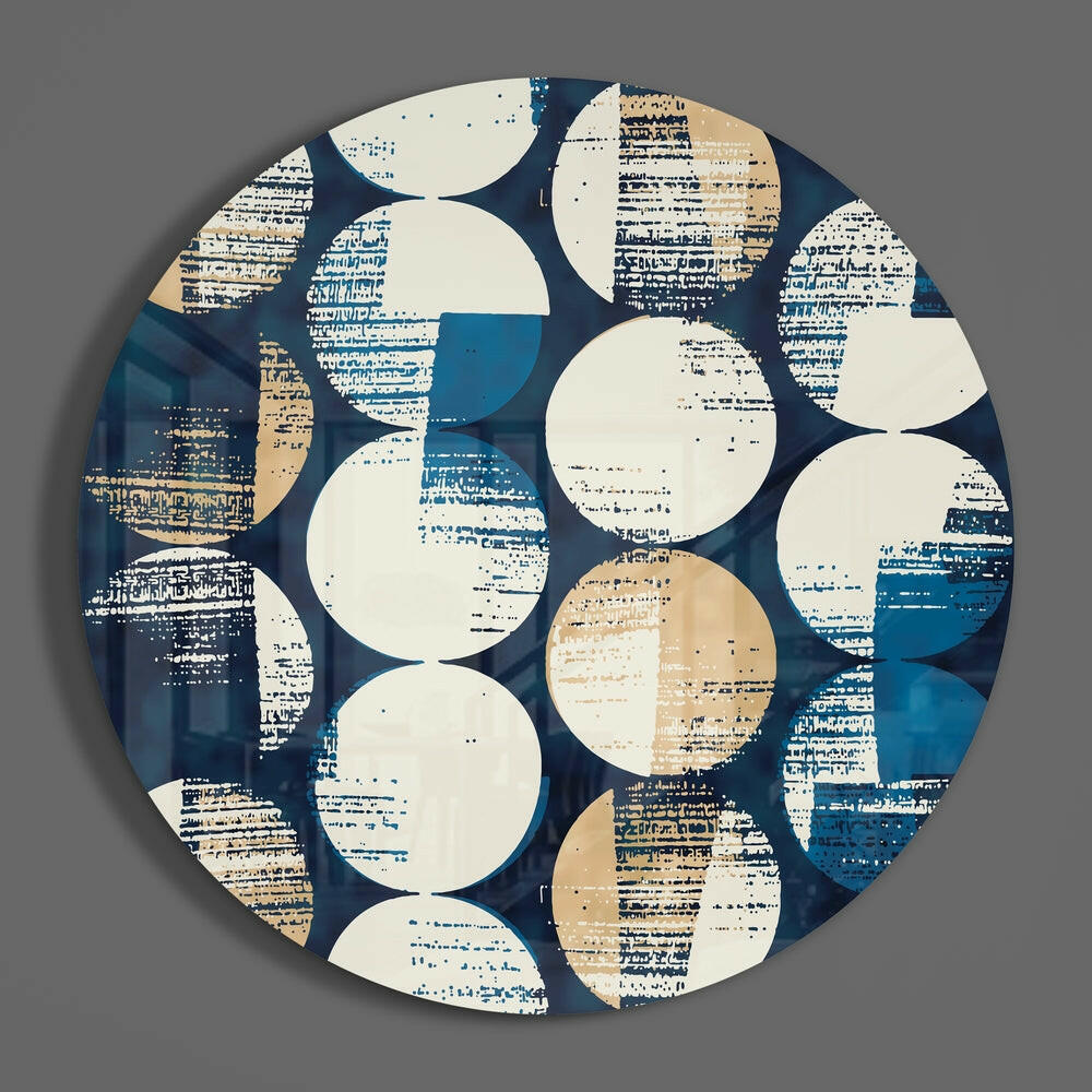 Distressed circle pattern round glass piece shown on a plain gray wall