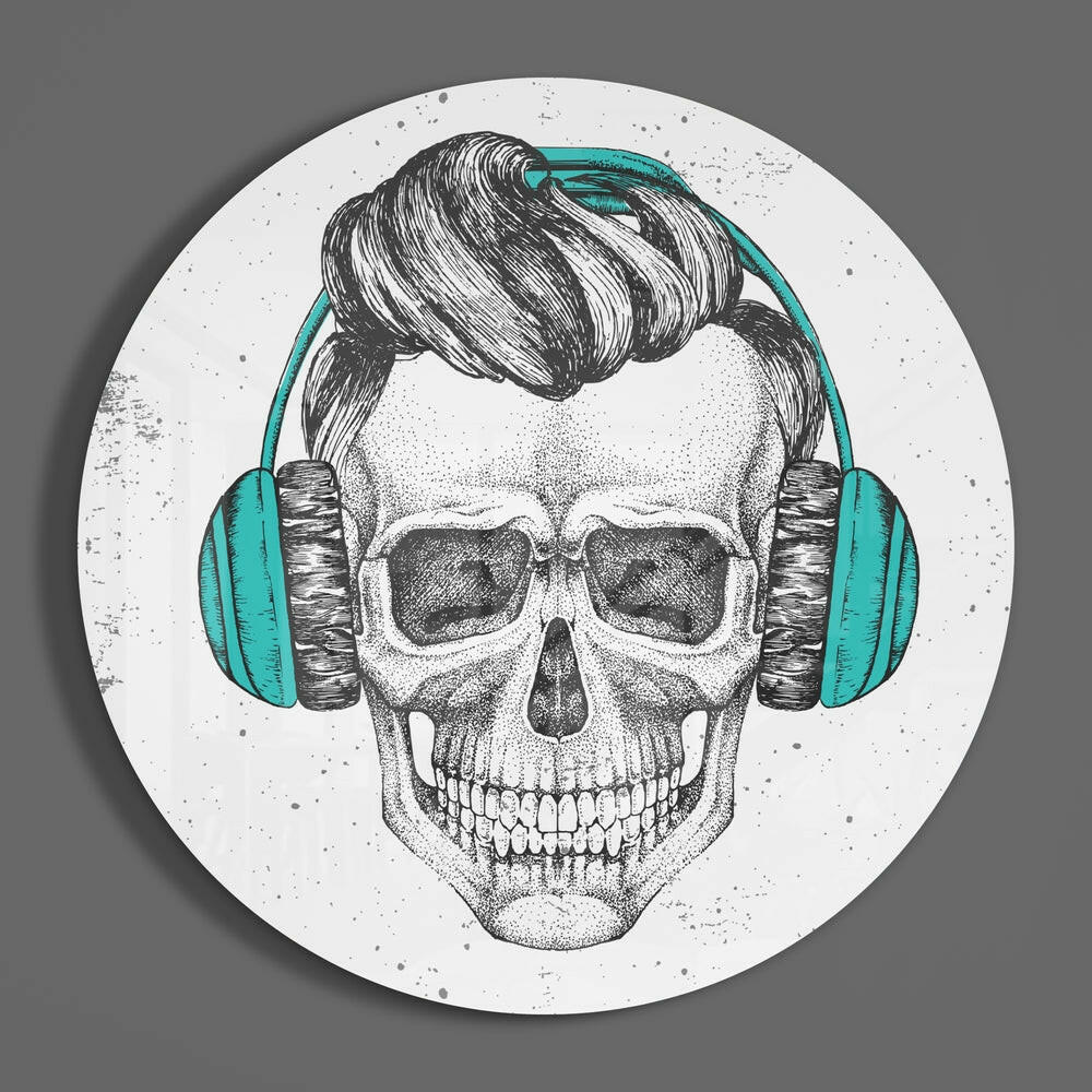 Teal headphones skull round glass wall art on a plain gray wall