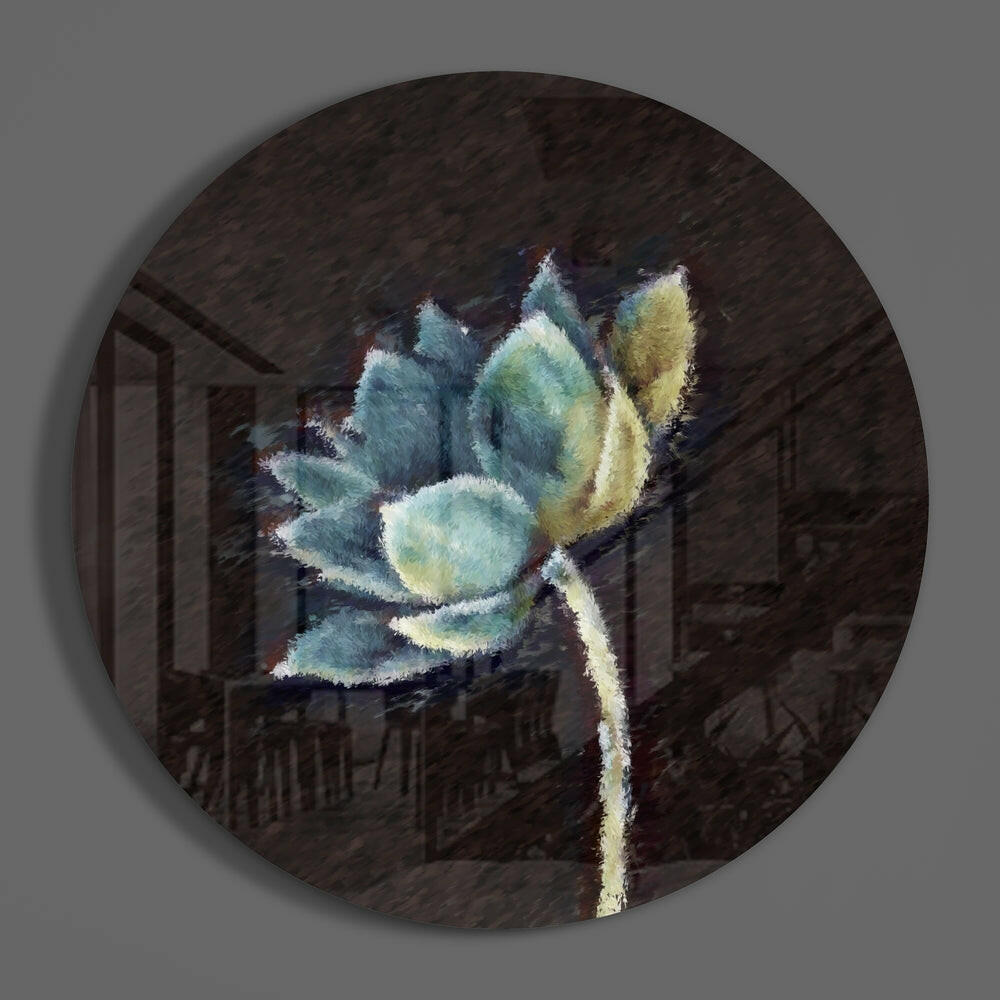 Teal lotus round glass wall art hanging on a plain gray wall