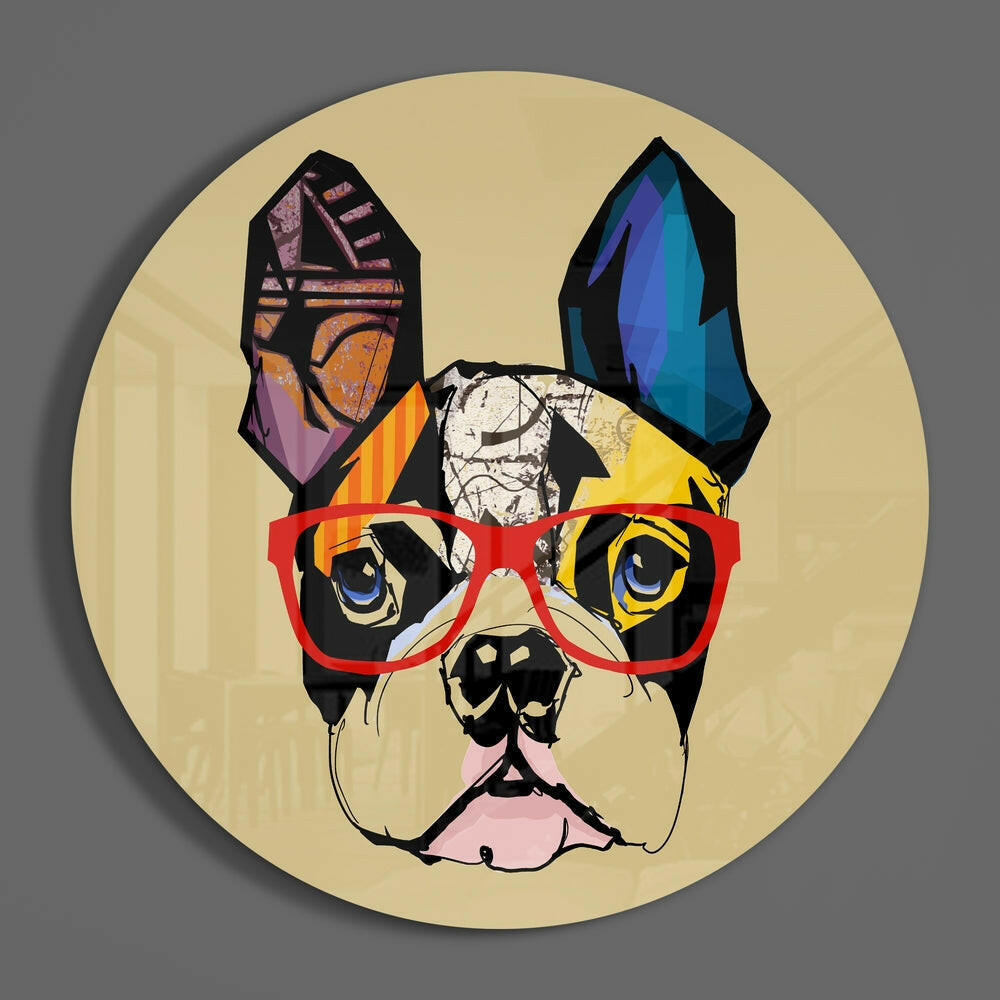 French bulldog pop art round glass wall art hanging on a plain gray wall