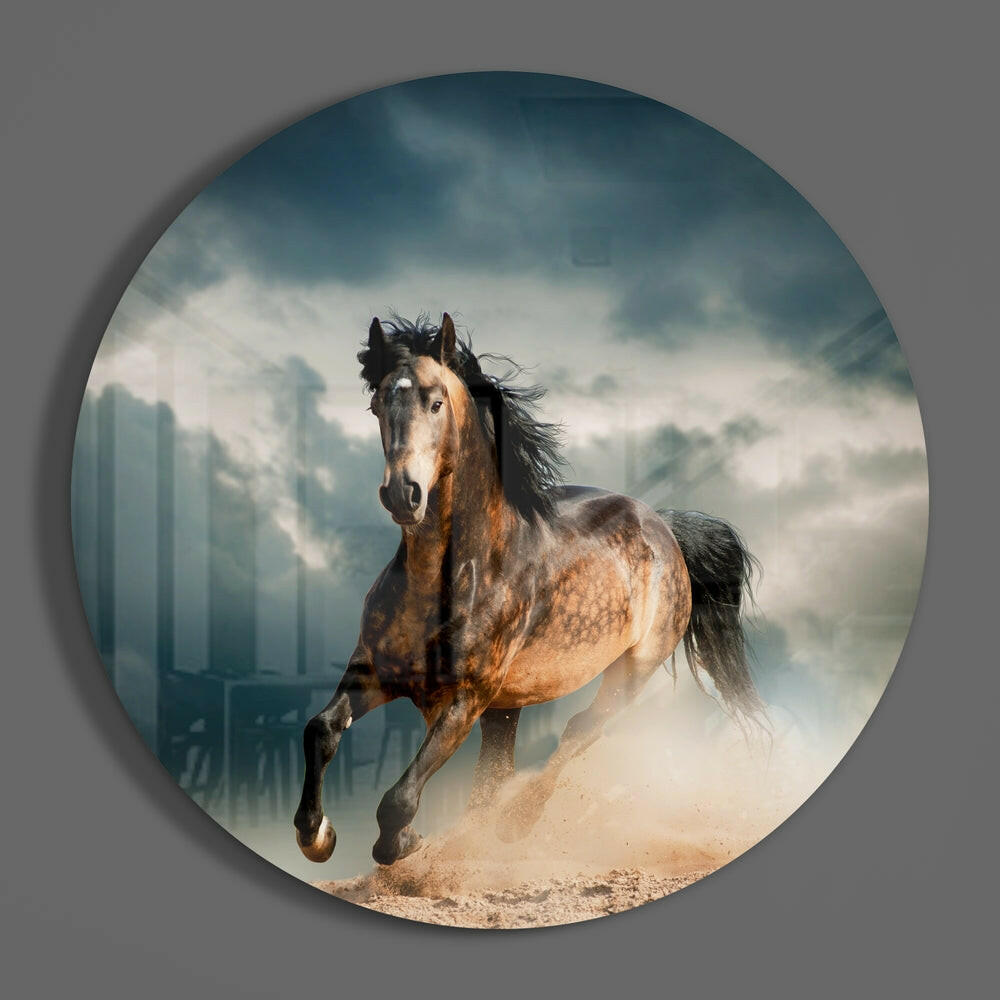 Galloping horse round glass wall art hanging on a plain gray wall