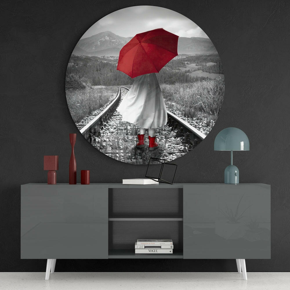 Red Umbrella Mountain Rails Glass Wall Art