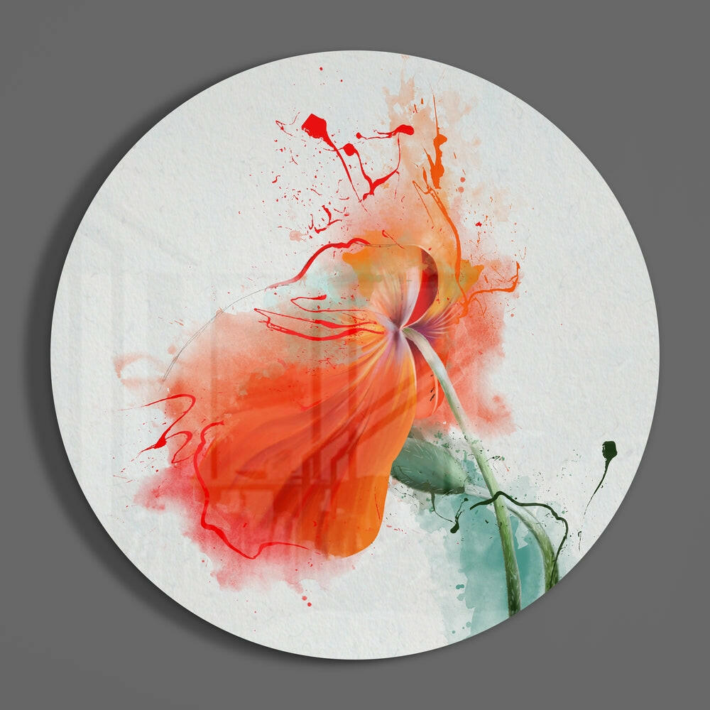 Orange poppy round glass wall art on a plain gray wall, glossy glass disc seen from the front