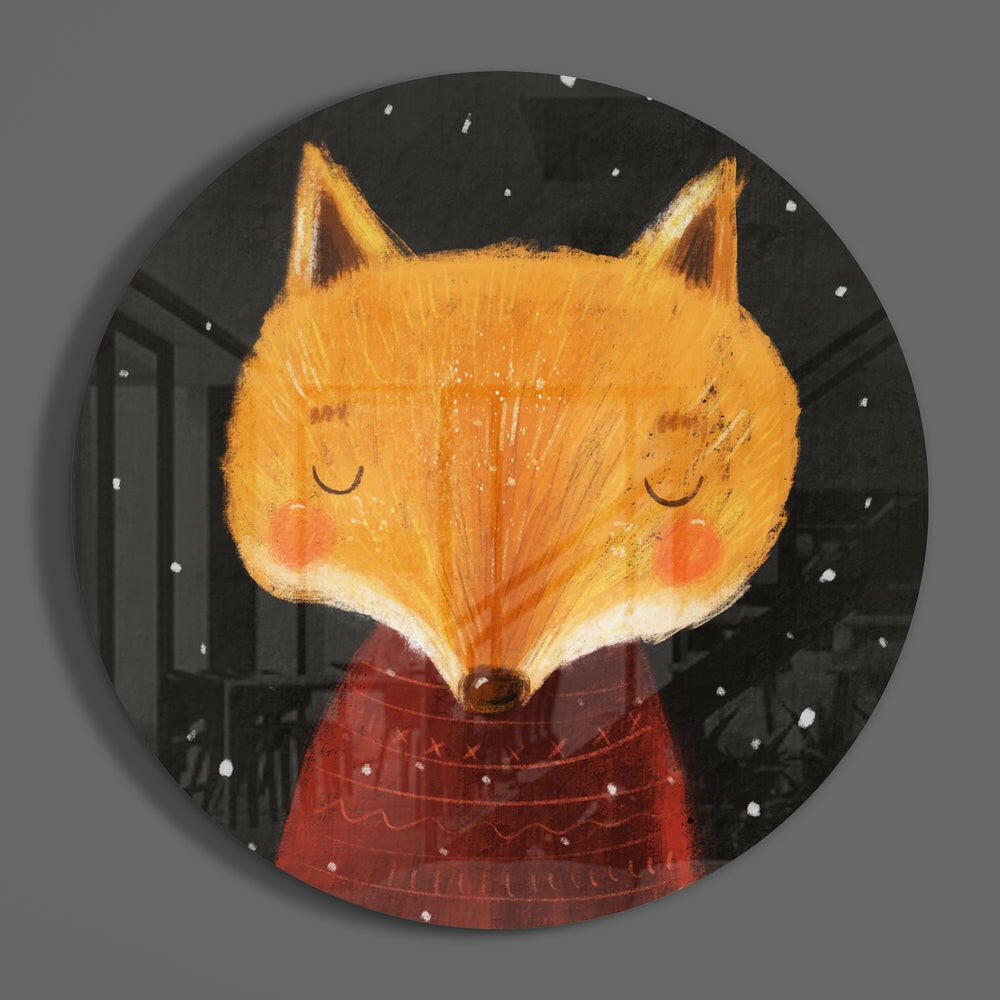 Sleepy fox in red sweater round glass wall art on a plain gray wall