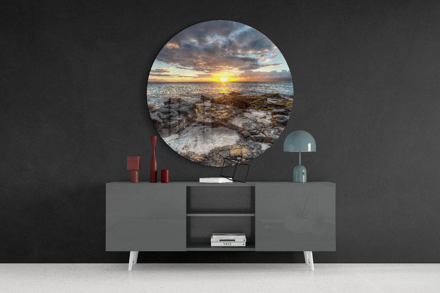 Sunset Over Mossy Rock Shore Glass Wall Art