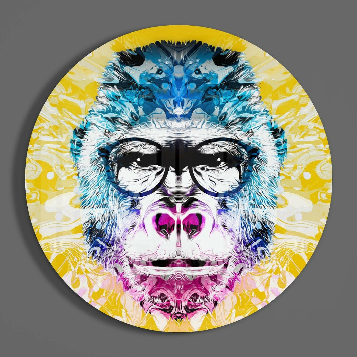 Gorilla pop art round glass wall art hanging on a plain gray wall
