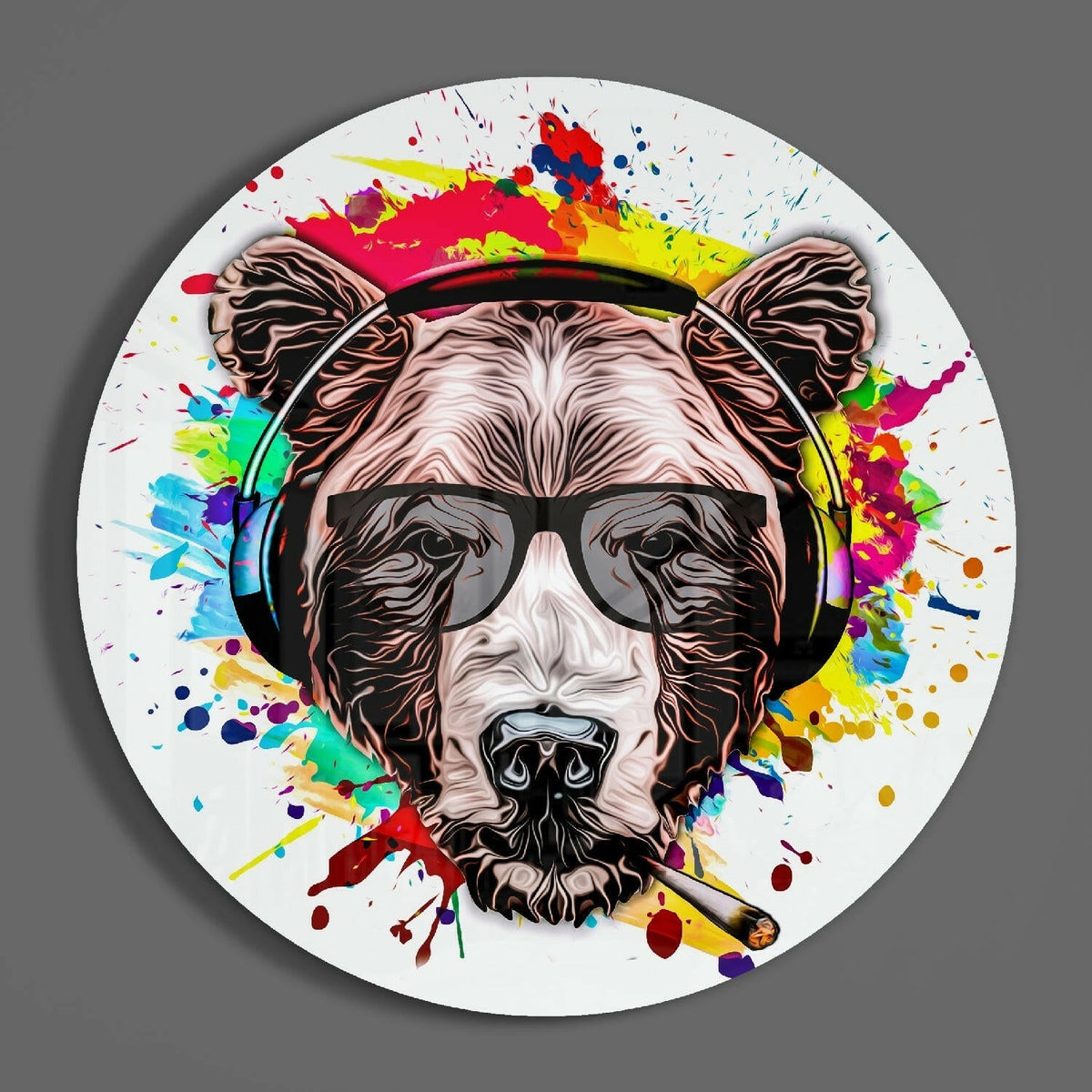 Pop art bear with headphones round glass wall art on a plain gray wall, glossy glass disc seen from the front