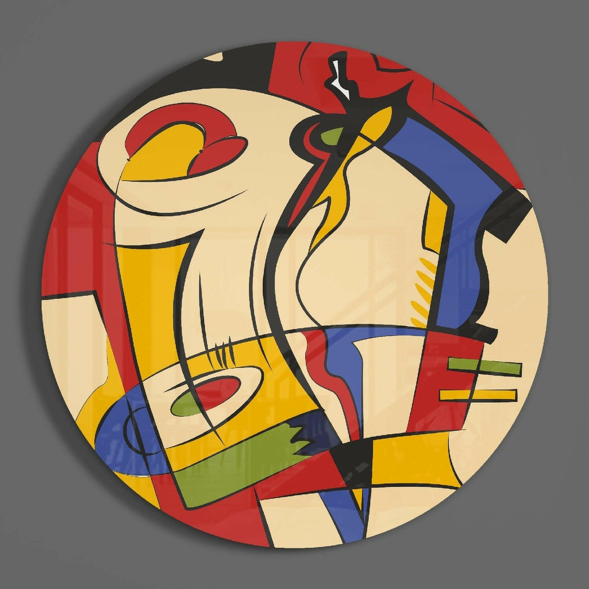 Primary color abstract round glass wall art hanging on a plain gray wall