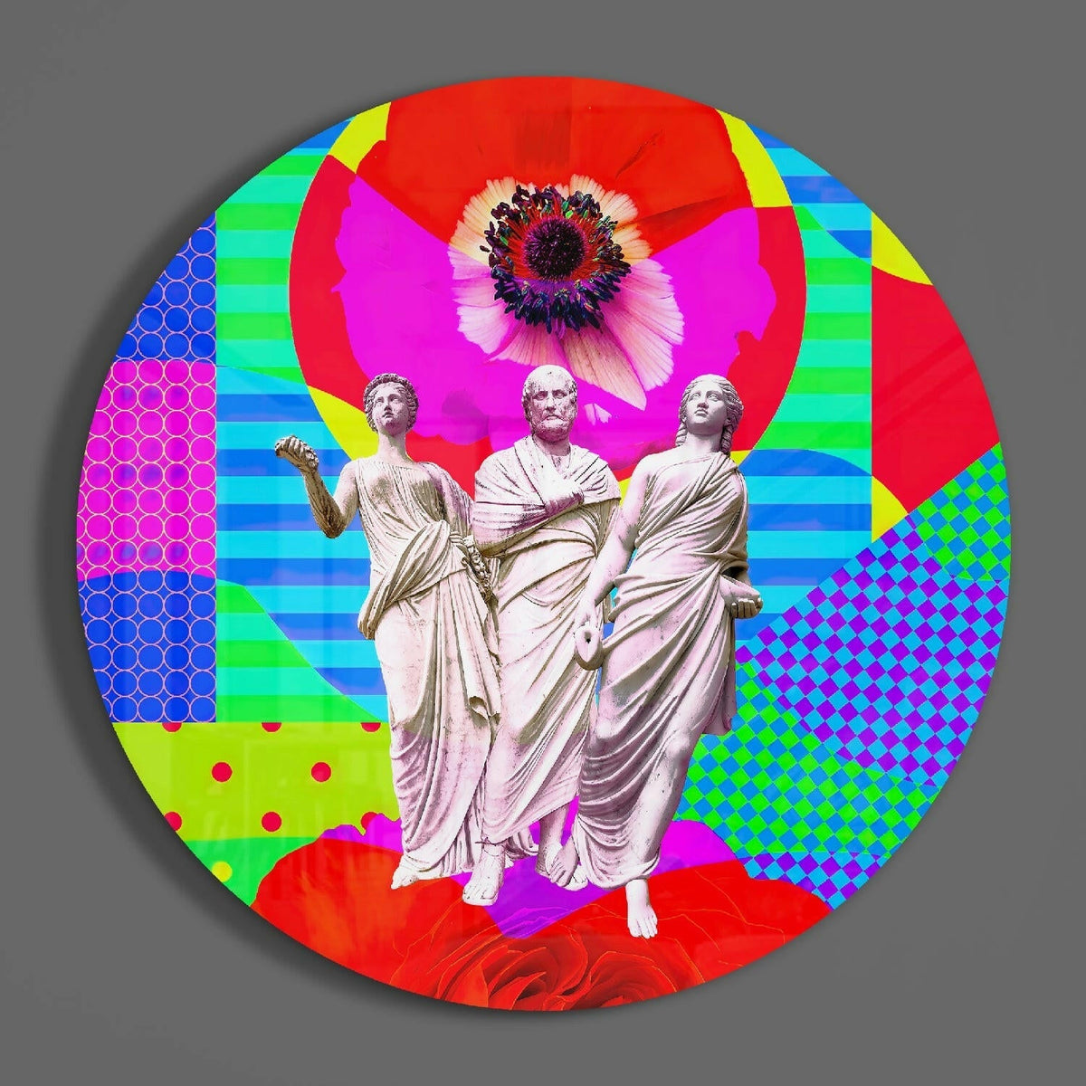 Classical statues pop art round glass wall art hanging on a plain gray wall