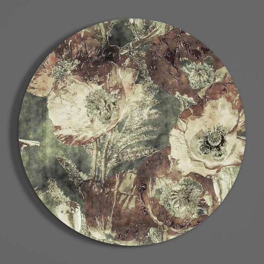 Vintage brown and green poppies round glass wall art hanging on a plain gray wall