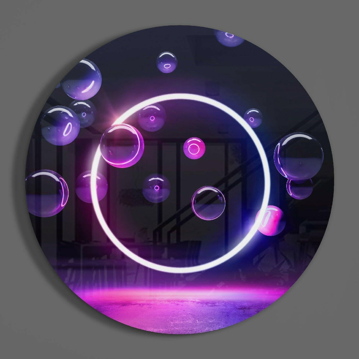 Neon ring and violet bubbles round glass wall art on a plain gray wall, showing the glossy glass face