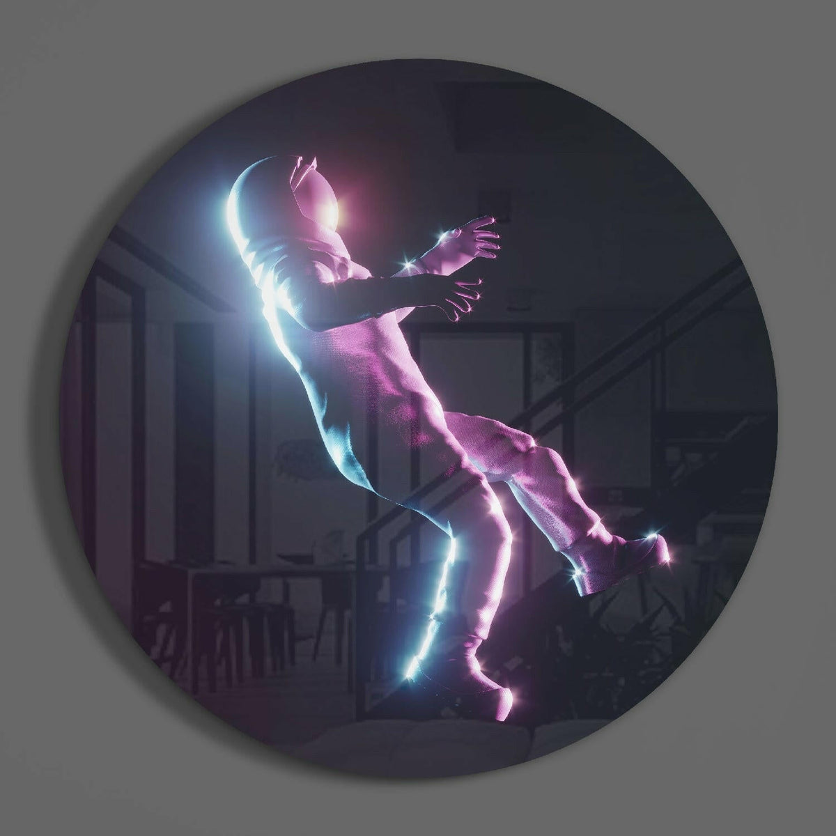 Neon glow falling figure round glass wall art on a plain gray wall, glossy glass disc seen from the front