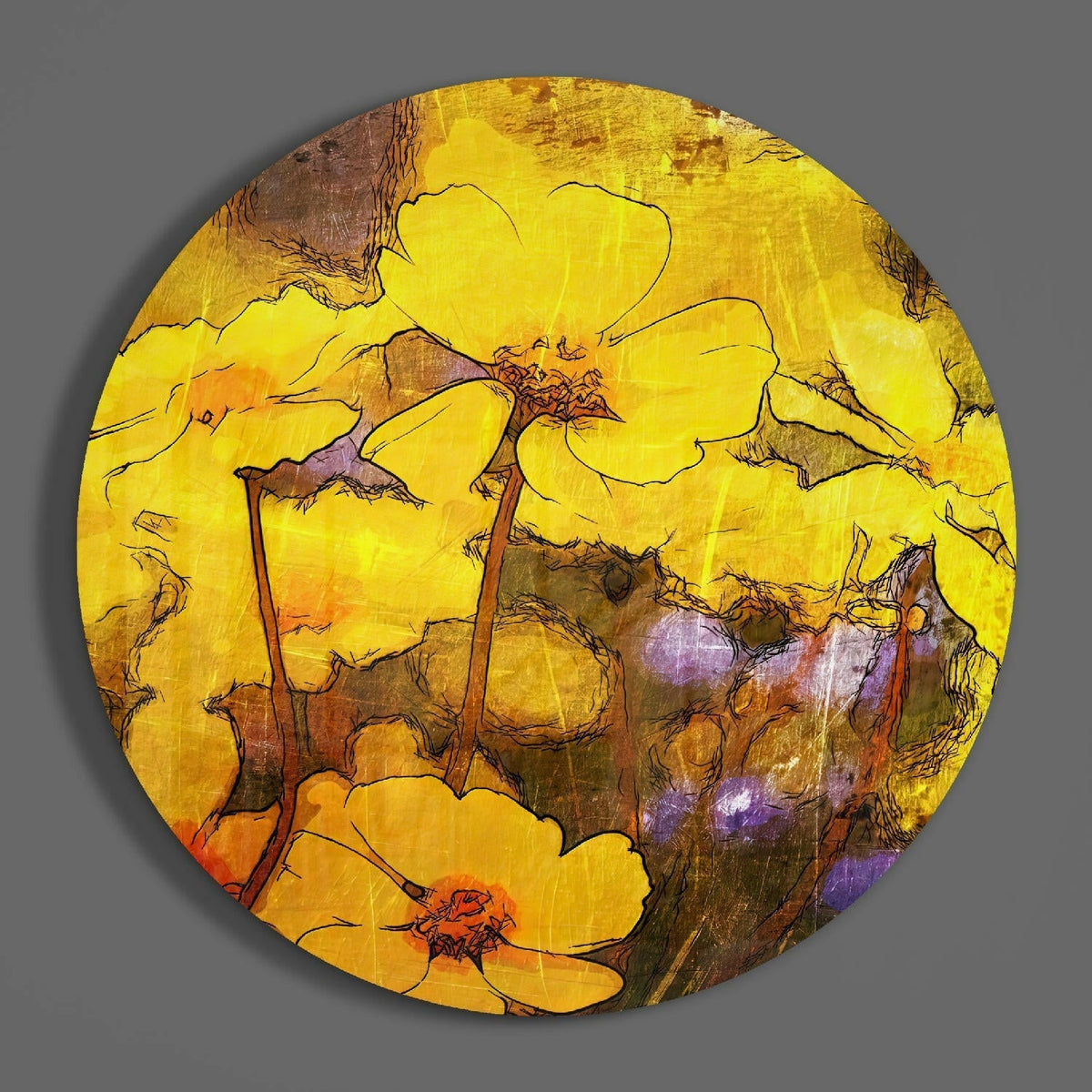 Golden wildflowers round glass wall art on a gray wall, showing the glossy tempered glass face
