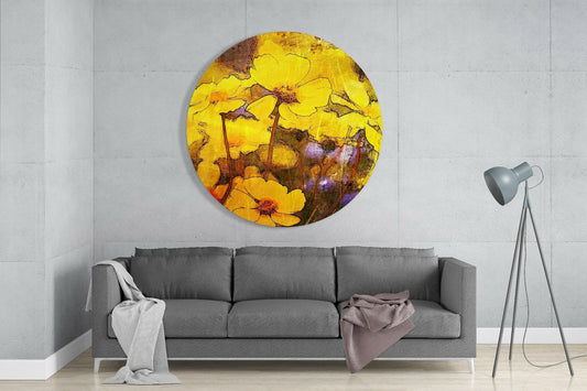 Yellow wildflowers round glass wall art above a gray sofa beside a gray tripod floor lamp