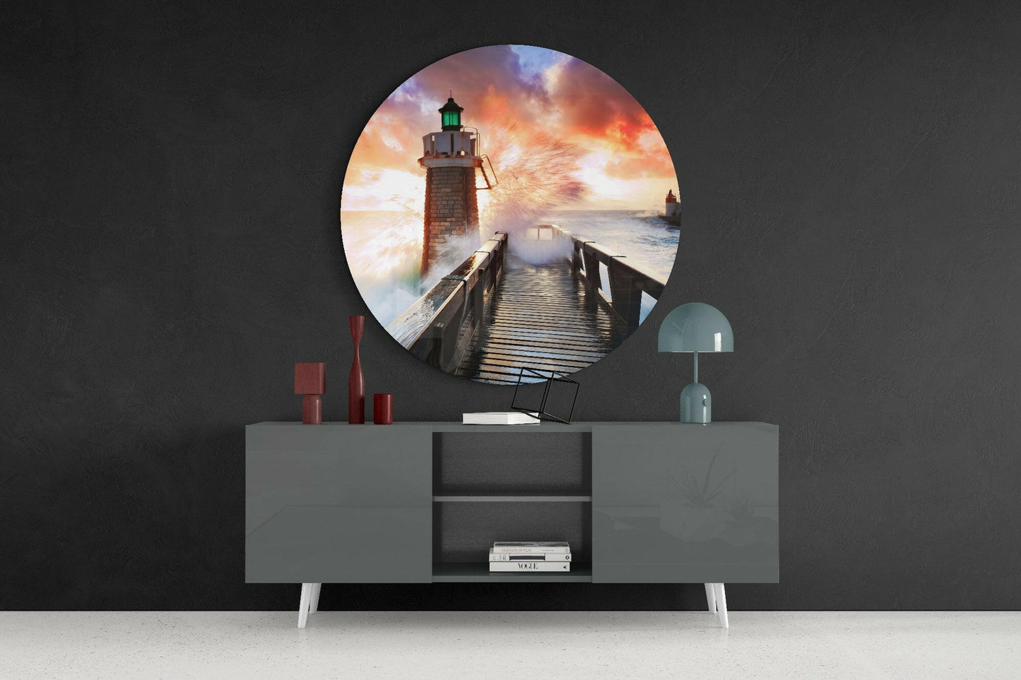 Splashing Sea Lighthouse Glass Wall Art
