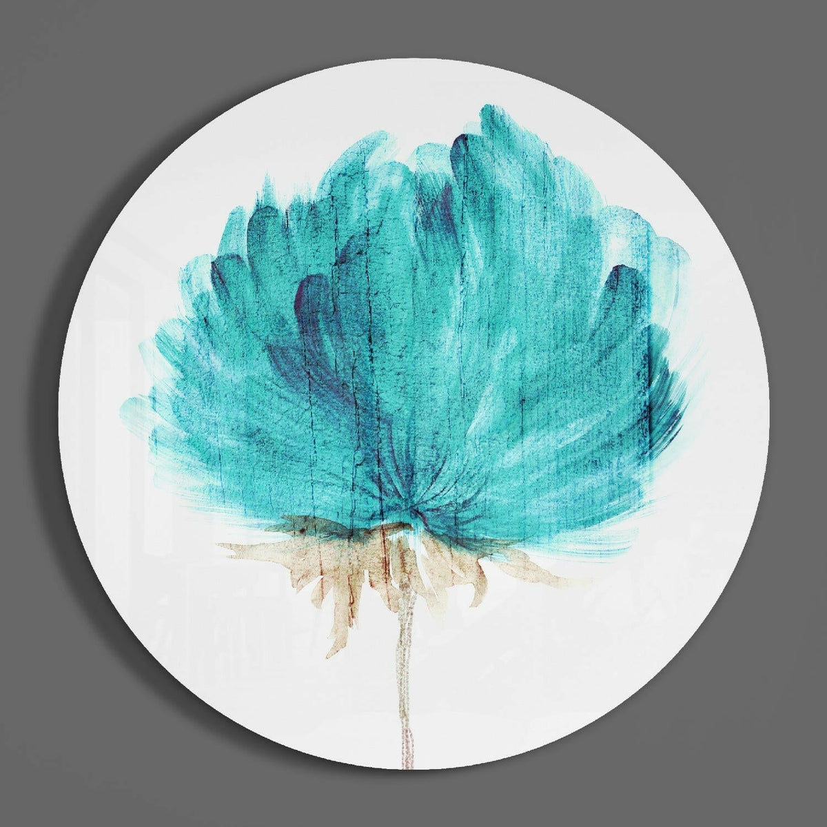 Teal watercolor bloom round glass wall art hanging on a plain gray wall