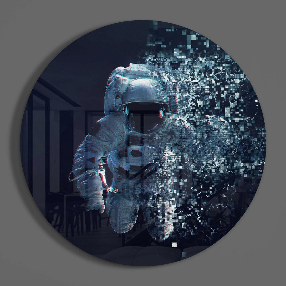 Pixel astronaut round glass wall art hanging on a plain gray wall