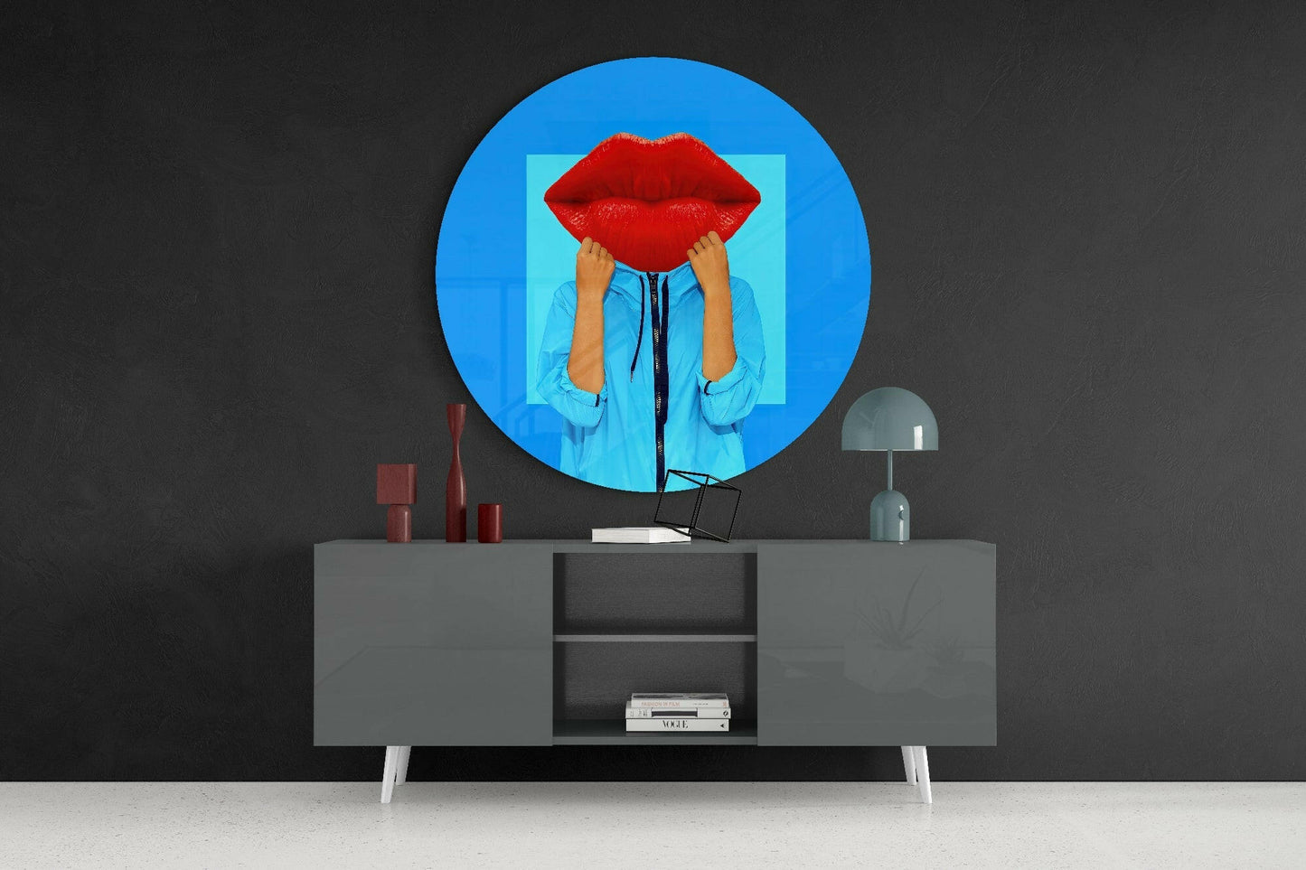 Red Lips Face Blue Pop Glass Wall Art