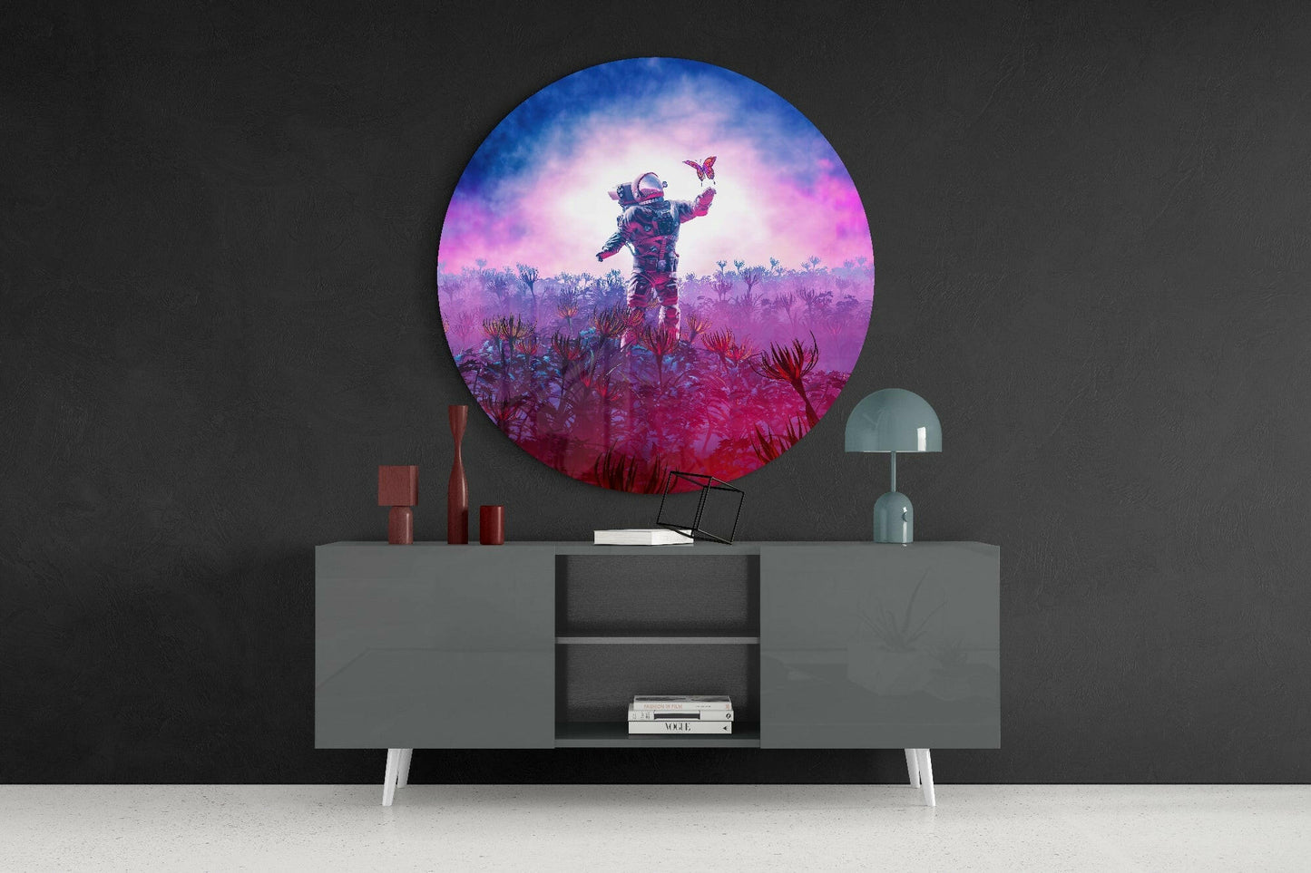 Magenta Bloom Field Astronaut Glass Wall Art