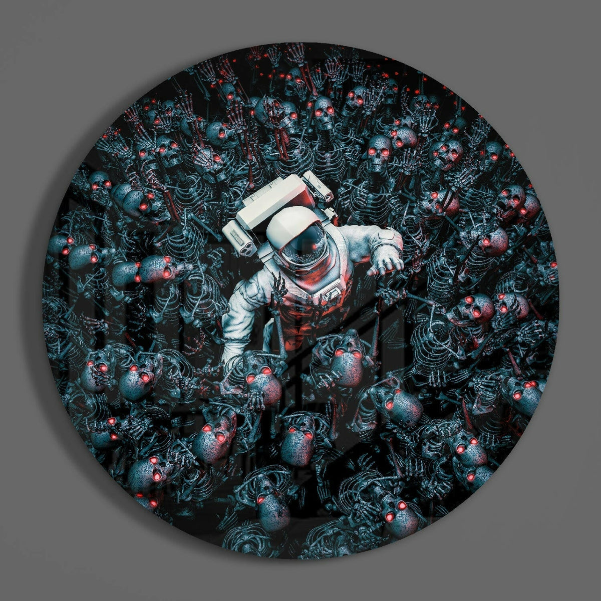 Astronaut and skeleton horde round glass wall art on a plain gray wall
