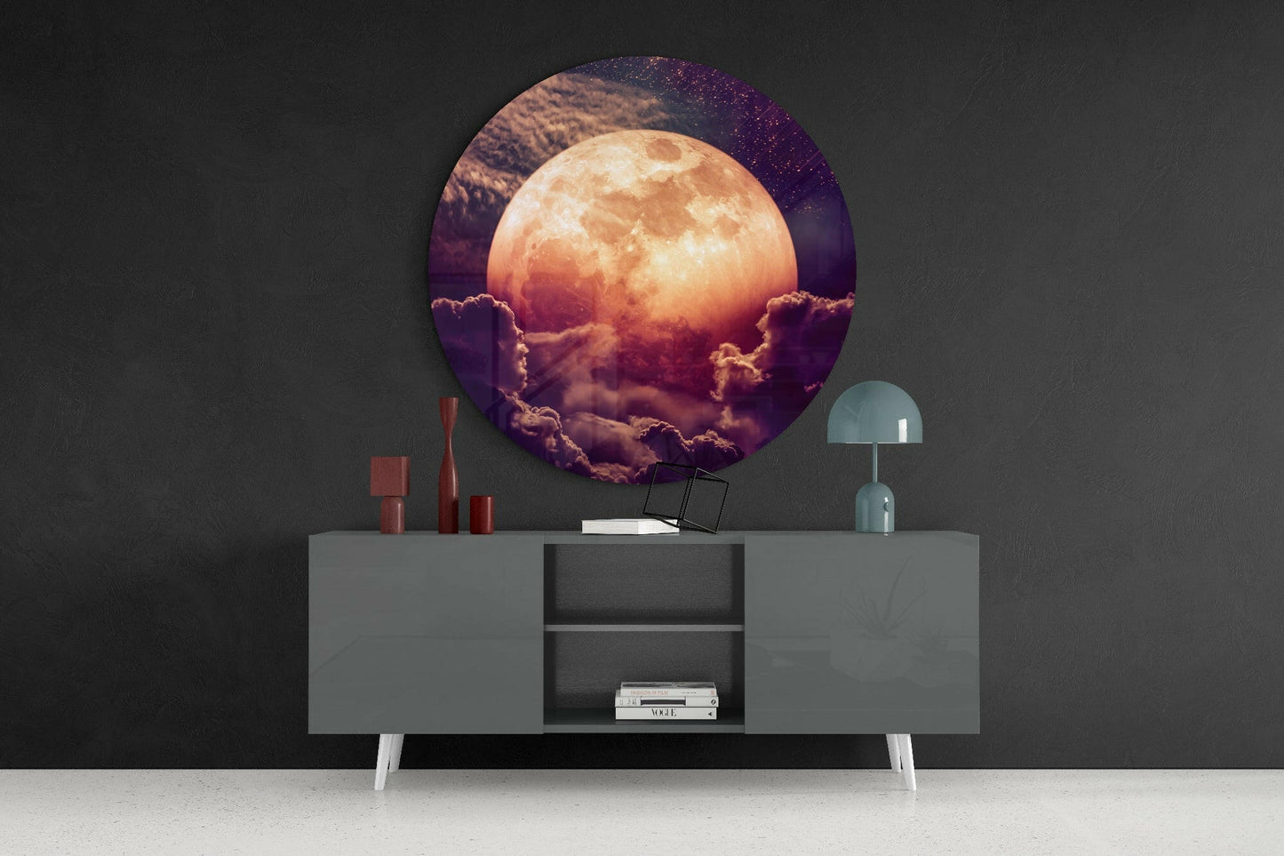 Glowing Moon in Purple Sky Glass Wall Art