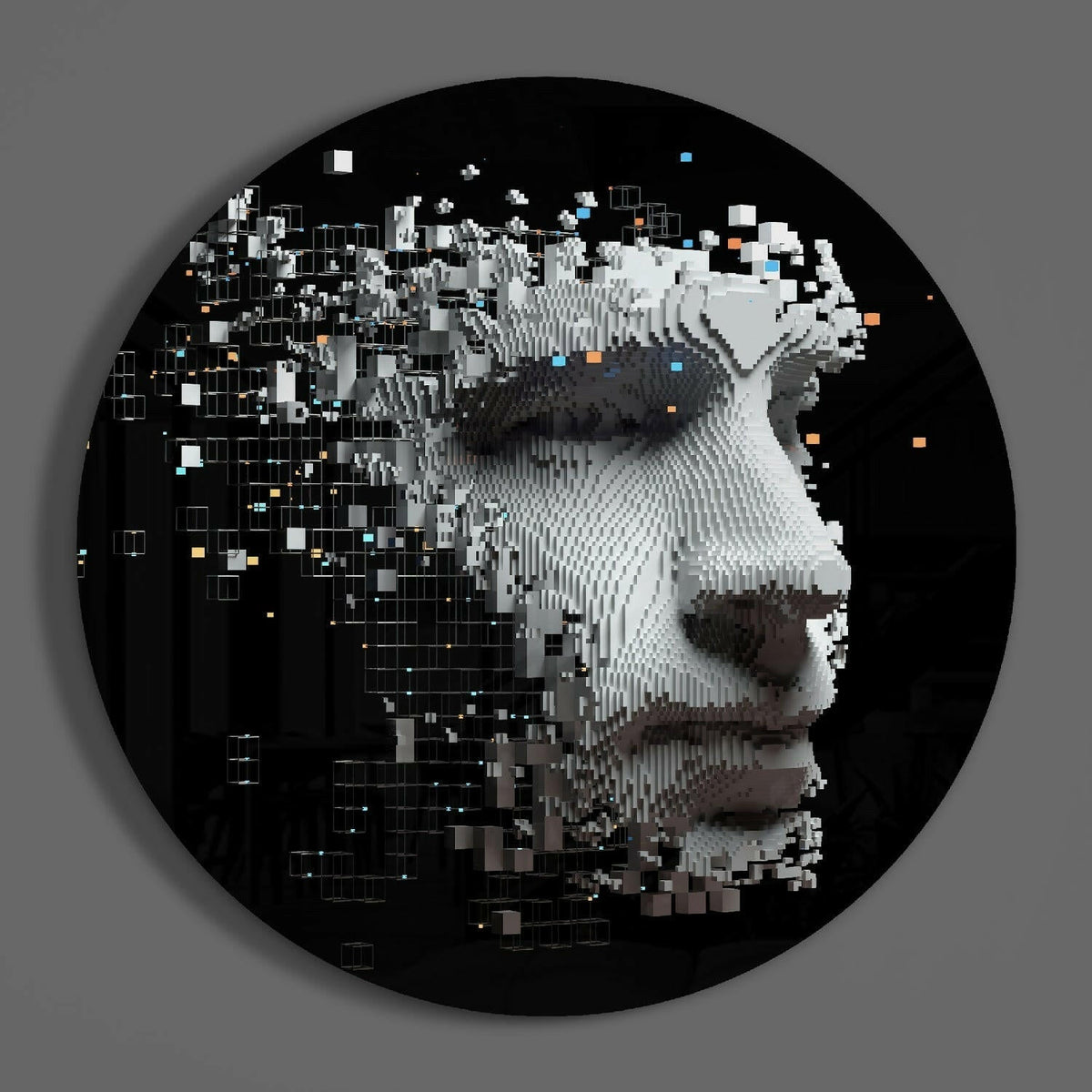 Voxel cube face abstract round glass wall art hanging on a plain gray wall