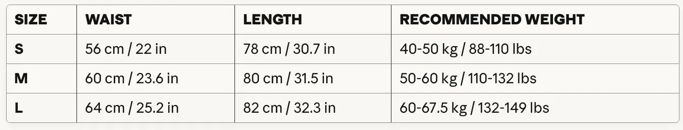 Size chart for butt lifting leggings with waist, length, and recommended weight measurements.