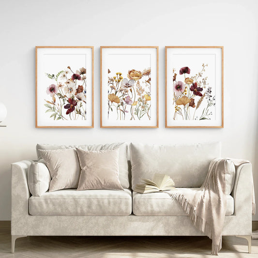 Brown Red Wildflower Wall Art Set of 3, Botanical Prints