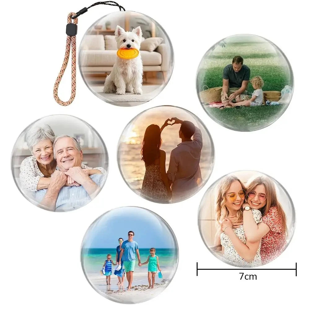 Set of rechargeable video ornament including a dog, family, and couple, with a measurement label indicating 7cm.