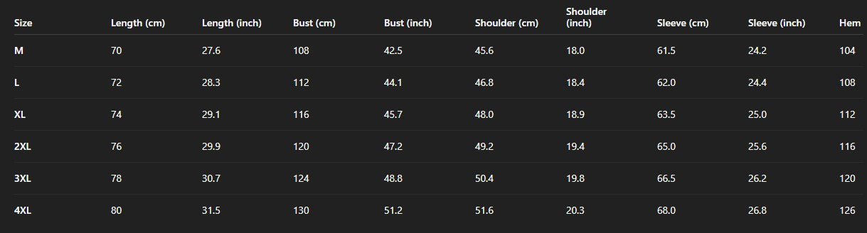 Size chart for the men’s waterproof windbreaker jacket showing length, bust, shoulder, sleeve, hem, and cuff measurements from M to 4XL