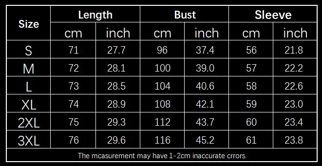 Size chart for women’s fleece-lined hooded jacket showing length, bust, and sleeve measurements