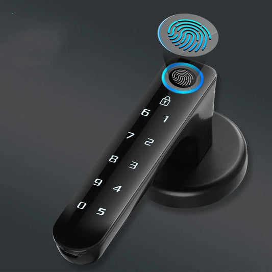 Smart door handle lock with biometric fingerprint sensor and digital number keypad