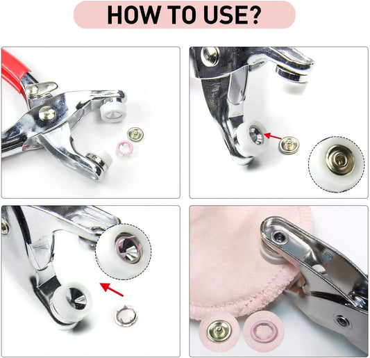Snap button installation process showing pliers pressing metal fastener